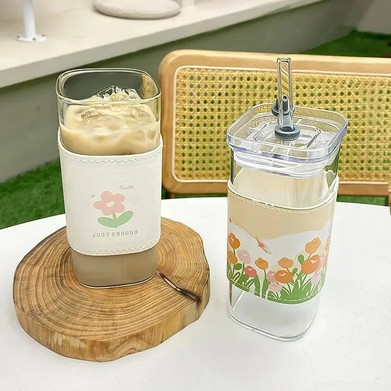 1PC Square Heat-Resistant Coffee Glass Cup with Lid & Straw – Transparent Mug for Milk Tea, Juice & Home Bar Drinkware