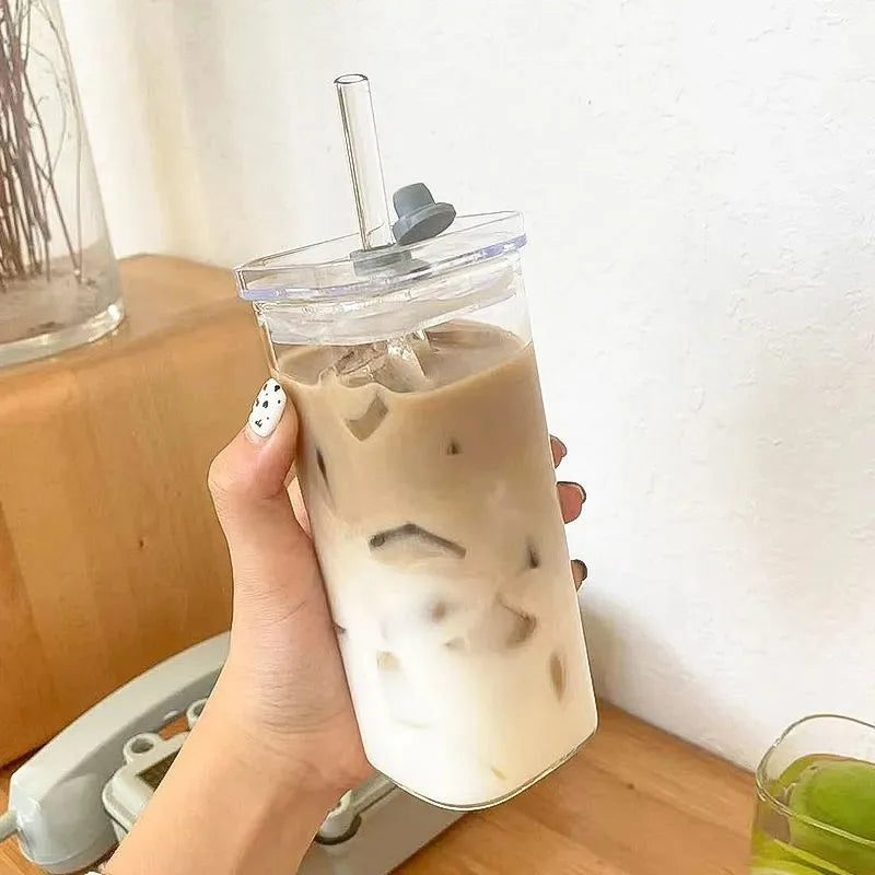1PC Square Heat-Resistant Coffee Glass Cup with Lid & Straw – Transparent Mug for Milk Tea, Juice & Home Bar Drinkware