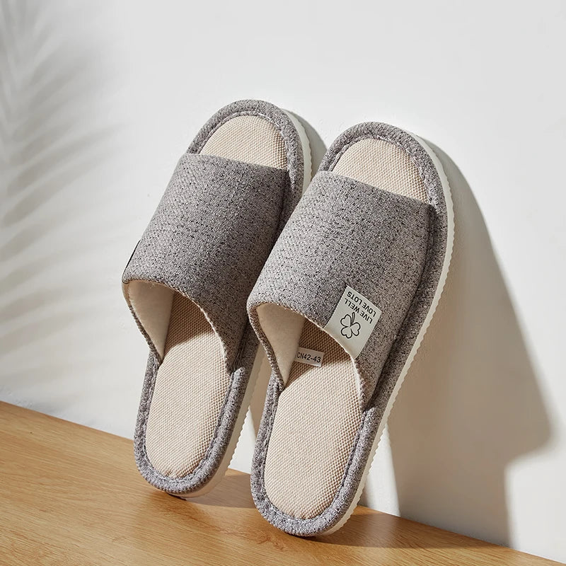 Breathable Linen Home Slippers โ Open-Toe Indoor Shoes for Men & Women (Spring/Summer Comfort)
