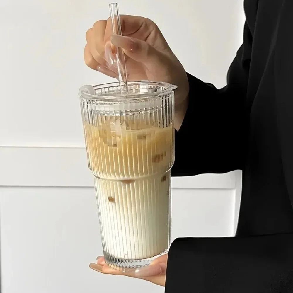 20oz Ribbed Glass Tumbler with Lid & Glass Straw – Thickened Durable Cup for Iced Coffee, Smoothies, Cocktails & Juice