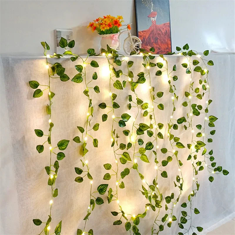 Flower Green Leaf String Lights – Artificial Vine Fairy Lights, Battery Powered Christmas Tree Garland for Wedding & Home Decor