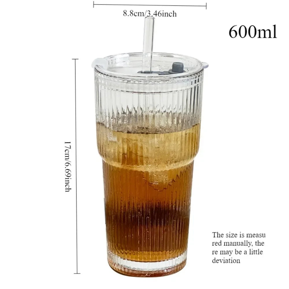 20oz Ribbed Glass Tumbler with Lid & Glass Straw – Thickened Durable Cup for Iced Coffee, Smoothies, Cocktails & Juice