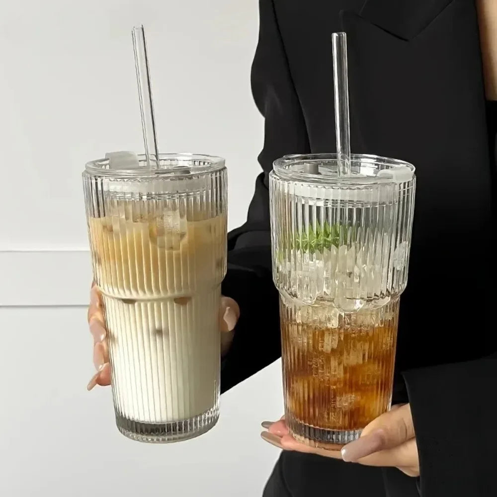20oz Ribbed Glass Tumbler with Lid & Glass Straw – Thickened Durable Cup for Iced Coffee, Smoothies, Cocktails & Juice