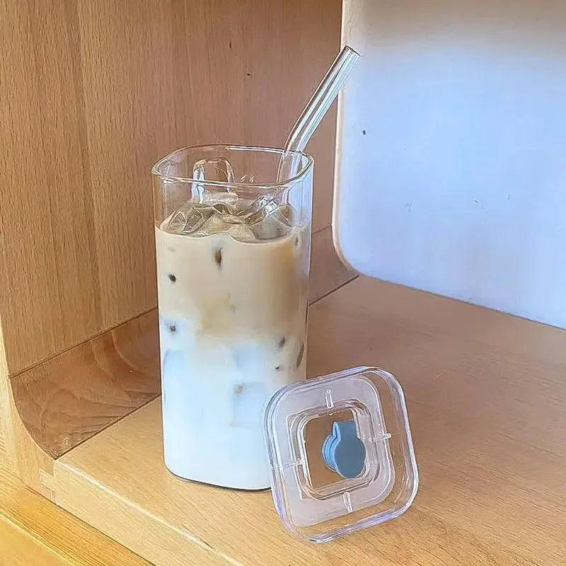 1PC Square Heat-Resistant Coffee Glass Cup with Lid & Straw – Transparent Mug for Milk Tea, Juice & Home Bar Drinkware