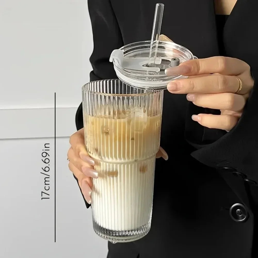 20oz Ribbed Glass Tumbler with Lid & Glass Straw – Thickened Durable Cup for Iced Coffee, Smoothies, Cocktails & Juice