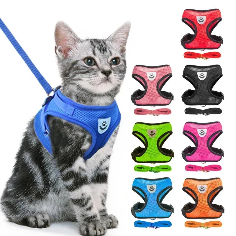 Adjustable Cat Harness Vest & Walking Lead – Polyester Mesh Dog Harness for Small & Medium Pets