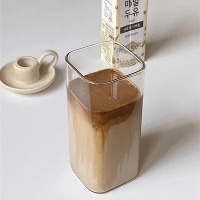 1PC Square Heat-Resistant Coffee Glass Cup with Lid & Straw – Transparent Mug for Milk Tea, Juice & Home Bar Drinkware