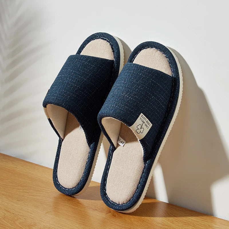 Breathable Linen Home Slippers – Open-Toe Indoor Shoes for Men & Women (Spring/Summer Comfort)