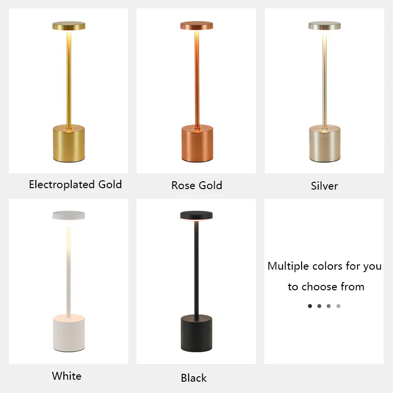USB Rechargeable LED Table Lamp – Touch Control, 3-Color Dimmable Light, Metal Bedside & Desk Lamp