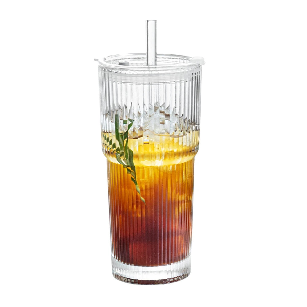 1/2pcs 600ml Stripe Glass Cup with Lid and Straw Transparent Drinking Glasses for Juice Water and Iced Coffee Cups Drinkware