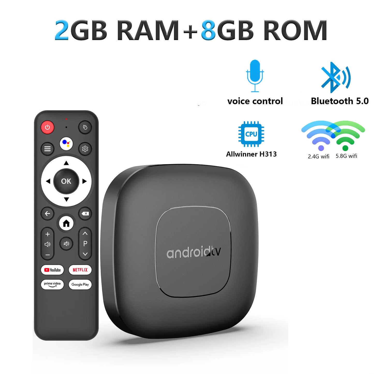 Mortal T1 WiFi6 Smart TV Box – Android 14, Allwinner H313, 2GB RAM 8/16GB Storage, Bluetooth, 4K Support, Free & Live TV
