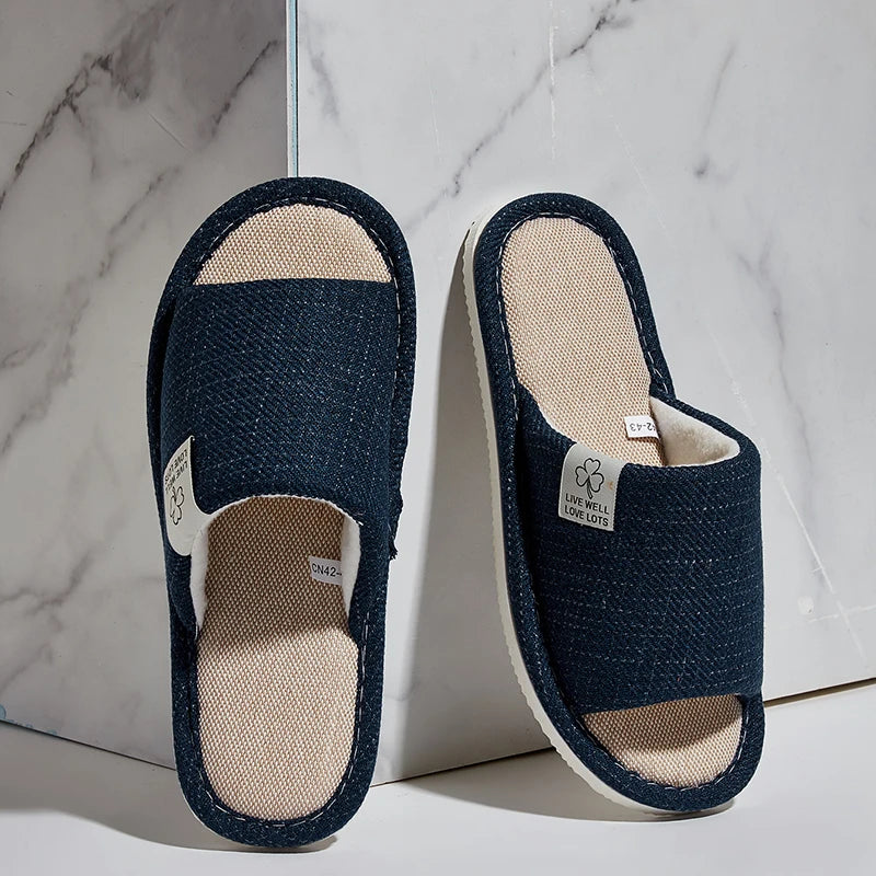 Breathable Linen Home Slippers – Open-Toe Indoor Shoes for Men & Women (Spring/Summer Comfort)