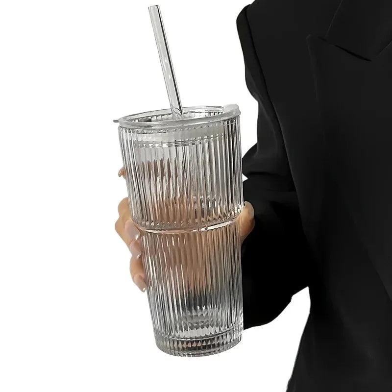 20oz Ribbed Glass Tumbler with Lid & Glass Straw – Thickened Durable Cup for Iced Coffee, Smoothies, Cocktails & Juice