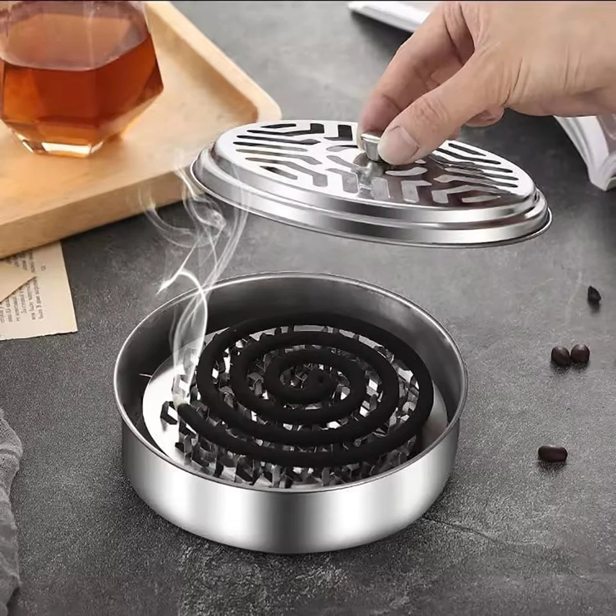 Stainless Steel Mosquito Coil Tray with Cover – Large Portable Mosquito Coil Holder for Home, Office & Camping