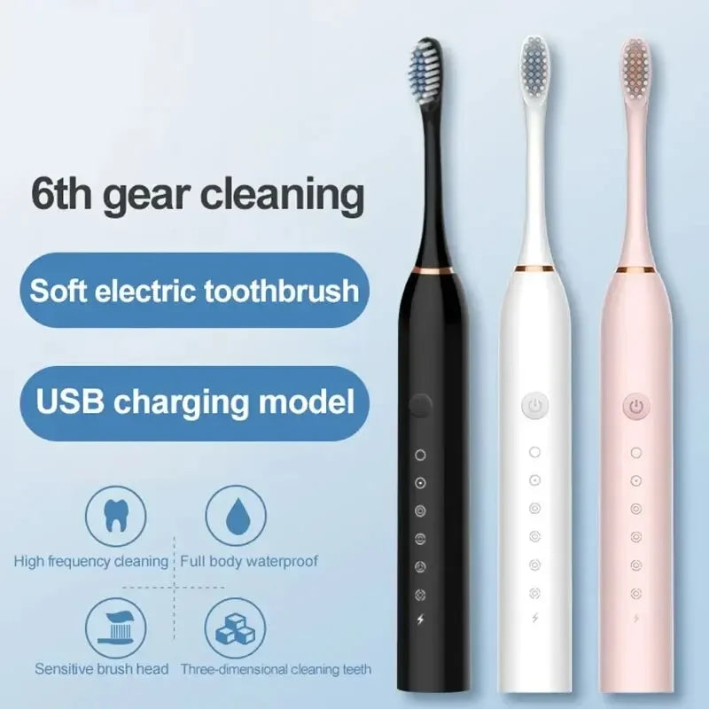 Electric Ultrasonic Toothbrush with Six Speed Modes – Soft Hair, USB Rechargeable, Waterproof Adult Tooth Cleaner – Automatic Couple Set