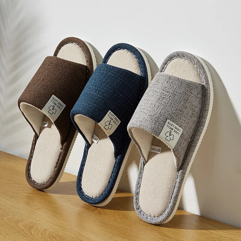 Breathable Linen Home Slippers – Open-Toe Indoor Shoes for Men & Women (Spring/Summer Comfort)
