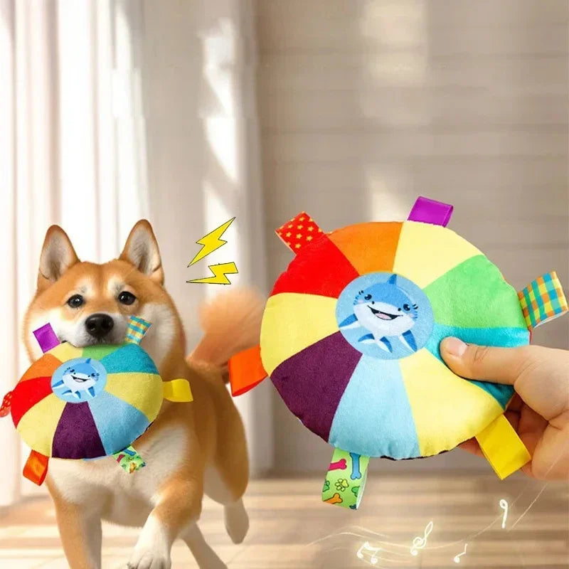 Funny Rainbow Plush Flying Saucer Dog Toy – Interactive Outdoor Chew & Training Disc