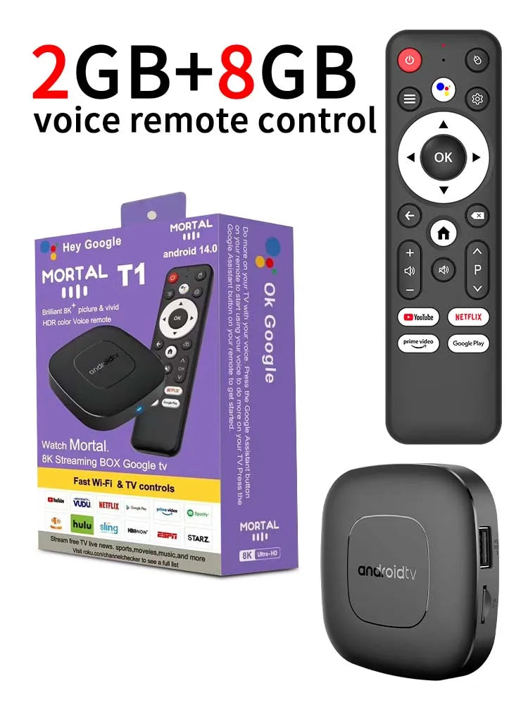 Mortal T1 WiFi6 Smart TV Box – Android 14, Allwinner H313, 2GB RAM 8/16GB Storage, Bluetooth, 4K Support, Free & Live TV
