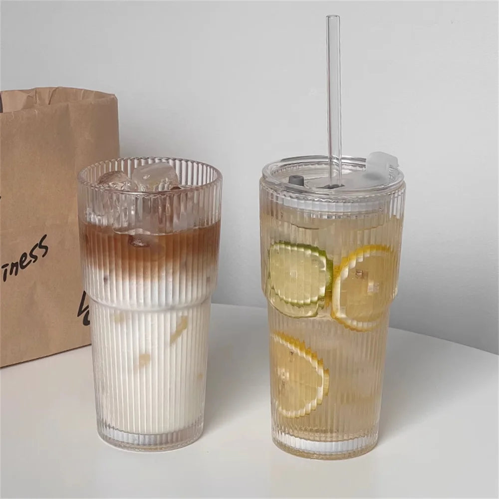 1/2pcs 600ml Stripe Glass Cup with Lid and Straw Transparent Drinking Glasses for Juice Water and Iced Coffee Cups Drinkware