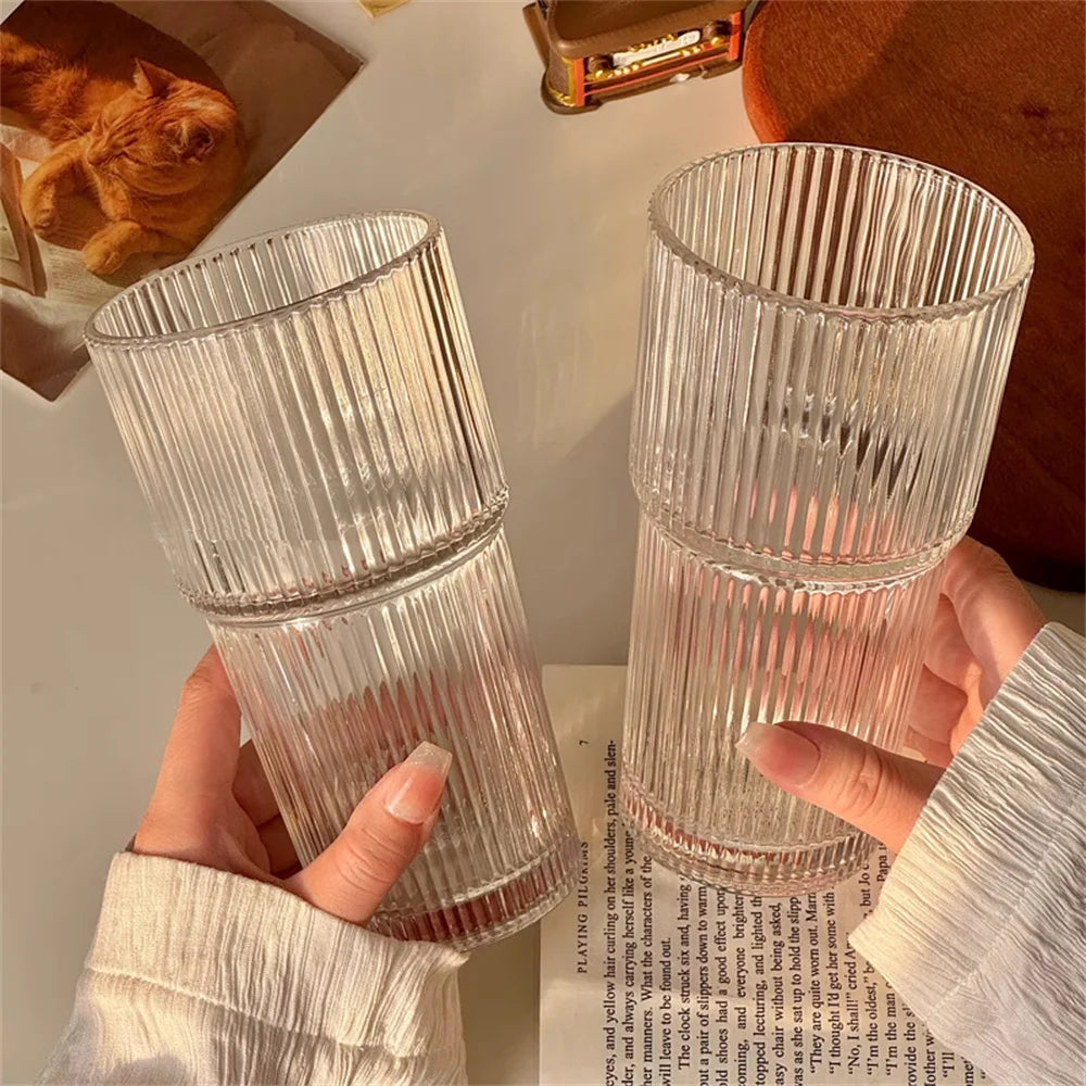 1/2pcs 600ml Stripe Glass Cup with Lid and Straw Transparent Drinking Glasses for Juice Water and Iced Coffee Cups Drinkware