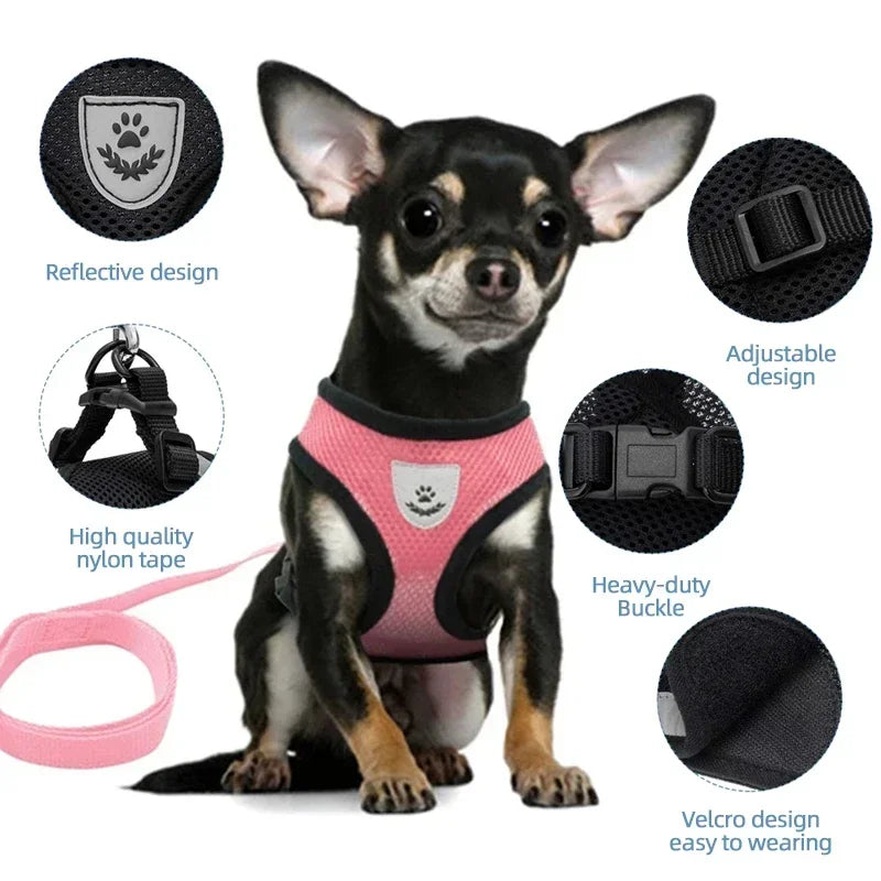Adjustable Cat Harness Vest & Walking Lead – Polyester Mesh Dog Harness for Small & Medium Pets