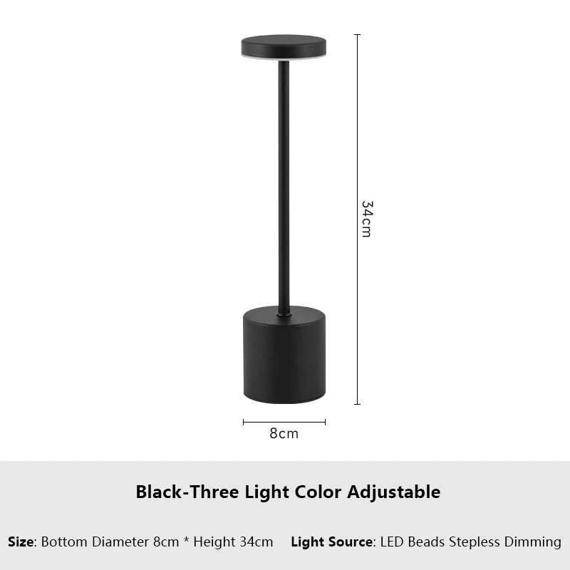 USB Rechargeable LED Table Lamp – Touch Control, 3-Color Dimmable Light, Metal Bedside & Desk Lamp