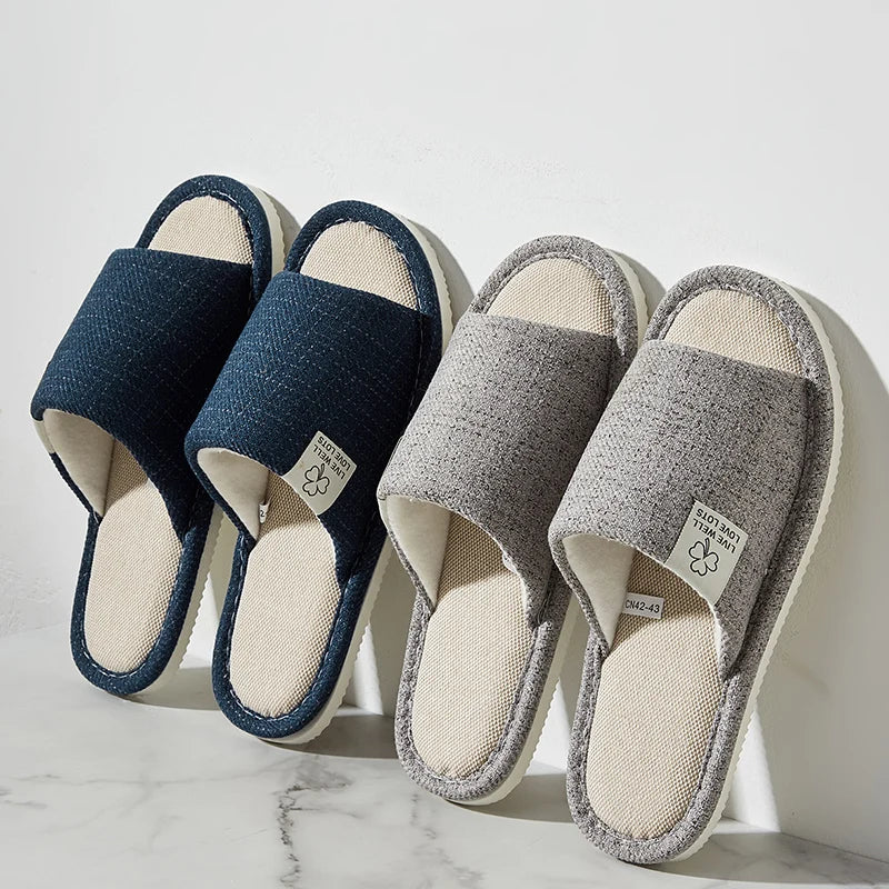 Breathable Linen Home Slippers – Open-Toe Indoor Shoes for Men & Women (Spring/Summer Comfort)