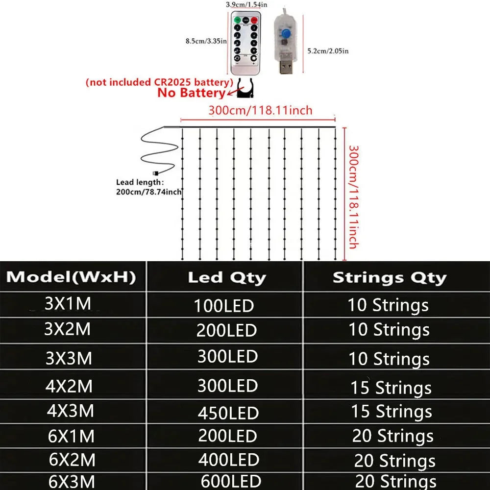 USB Curtain String Lights – 8 Modes LED Fairy Lights for Christmas, Halloween, Wedding & Home Decor