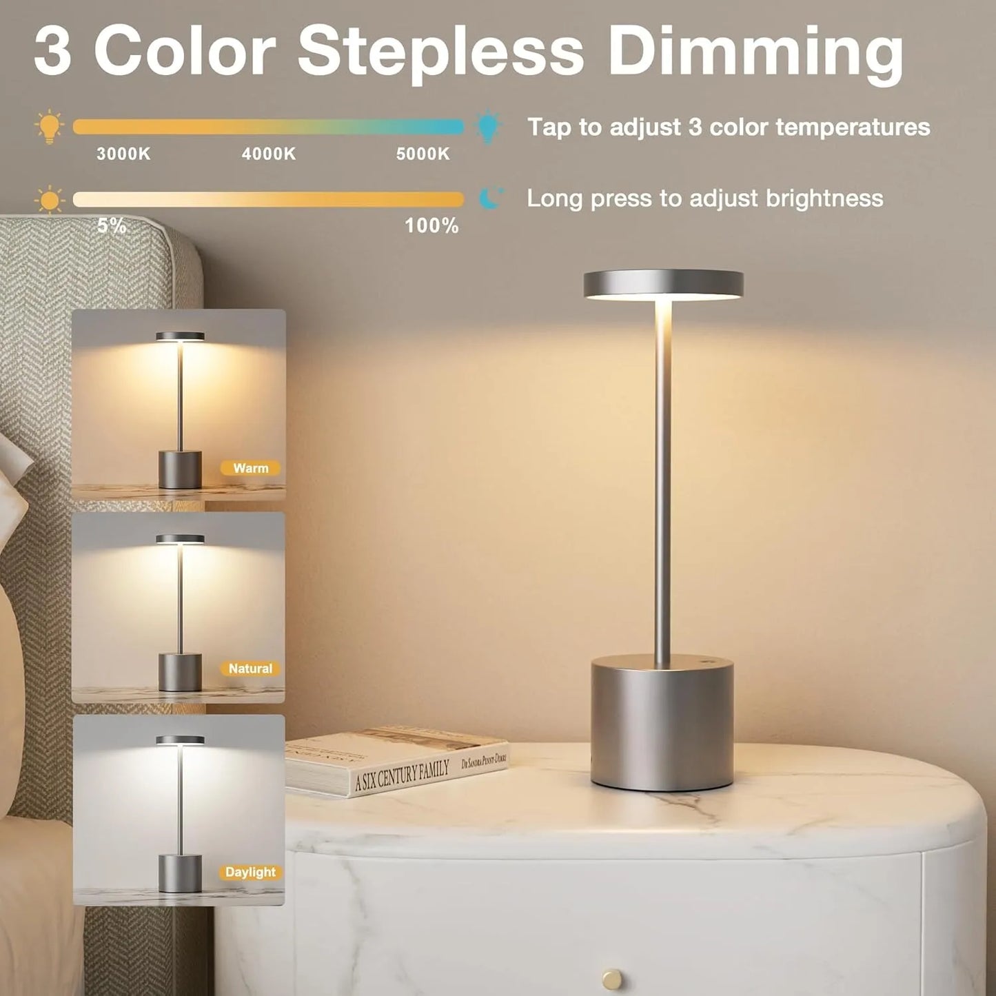 Cordless LED Table Lamp Touch Sensor Rechargeable Desktop Night Light Wireless Reading Lamp for Bedroom Hotel Bar Table Light