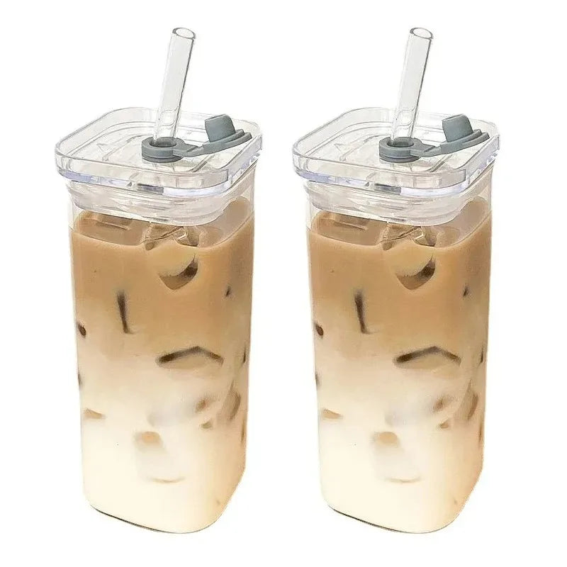 1PC Square Heat-Resistant Coffee Glass Cup with Lid & Straw – Transparent Mug for Milk Tea, Juice & Home Bar Drinkware