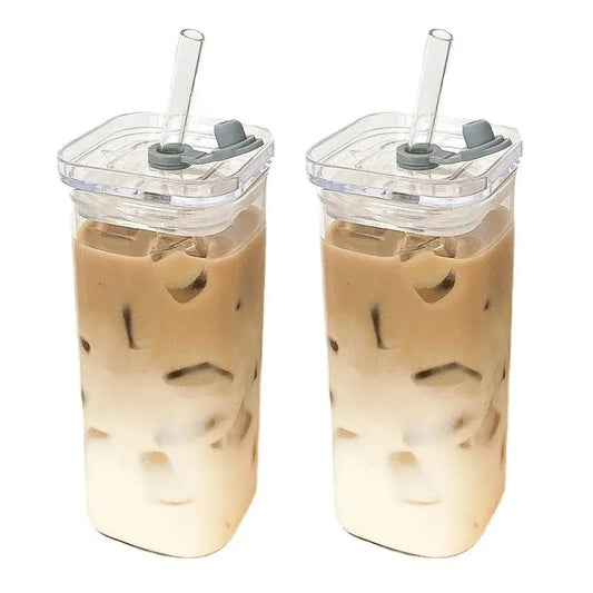1PC Square Heat-Resistant Coffee Glass Cup with Lid & Straw – Transparent Mug for Milk Tea, Juice & Home Bar Drinkware