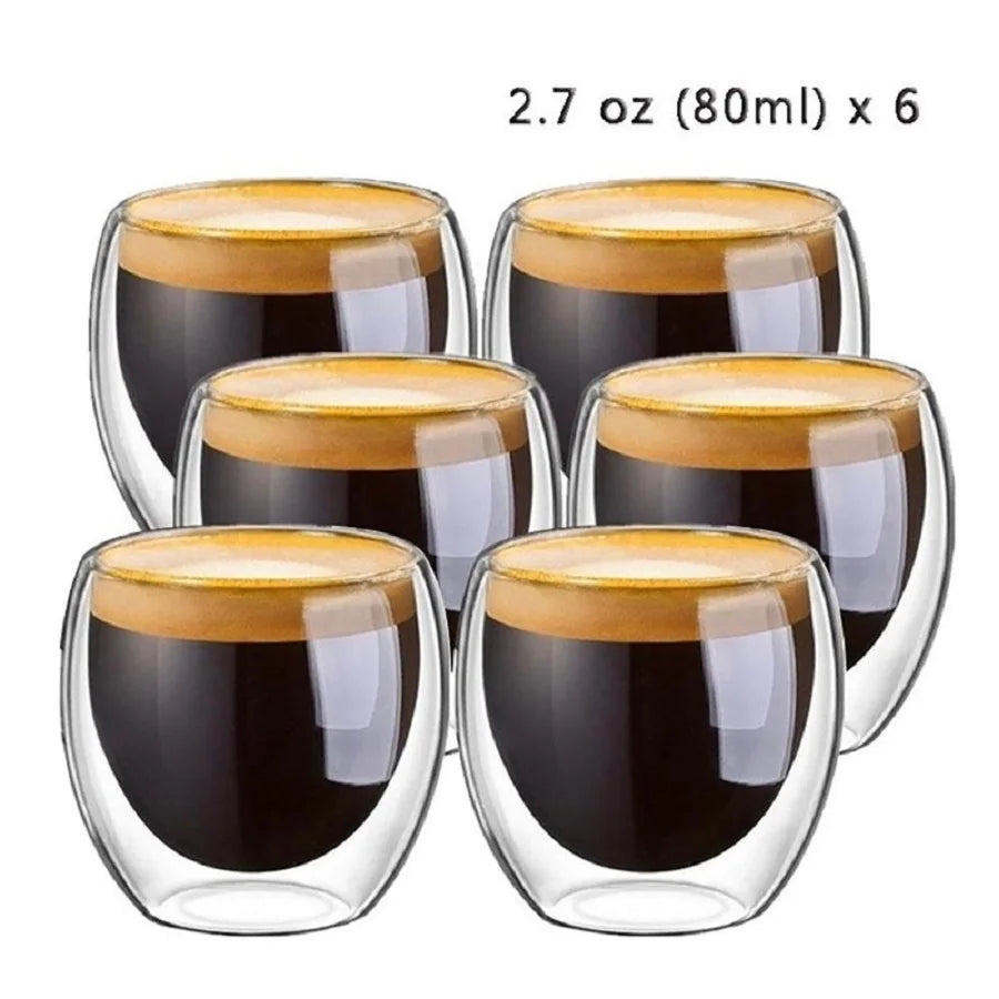 6pcs 2.7oz High Borosilicate Double-Layer Espresso Glass Cups – Transparent Insulated Coffee & Drink Cups