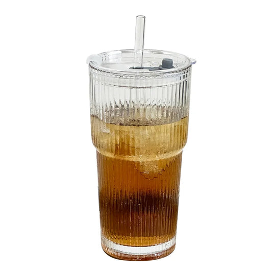 20oz Ribbed Glass Tumbler with Lid & Glass Straw – Thickened Durable Cup for Iced Coffee, Smoothies, Cocktails & Juice
