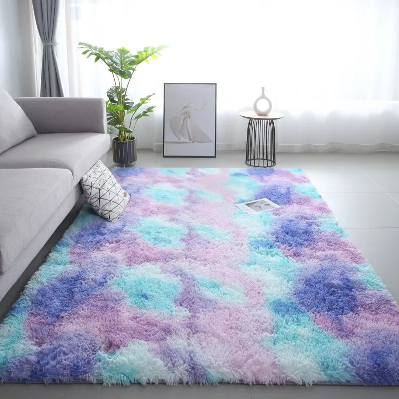 VIKAMA Simple Colorful Tie-Dye Silk Hair Carpet Non-Slip Bedroom Living Room Dirty Resistant Wearable Floor Mats Home Decoration