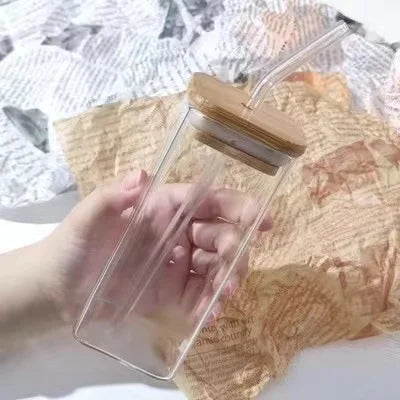 1PC Square Heat-Resistant Coffee Glass Cup with Lid & Straw – Transparent Mug for Milk Tea, Juice & Home Bar Drinkware