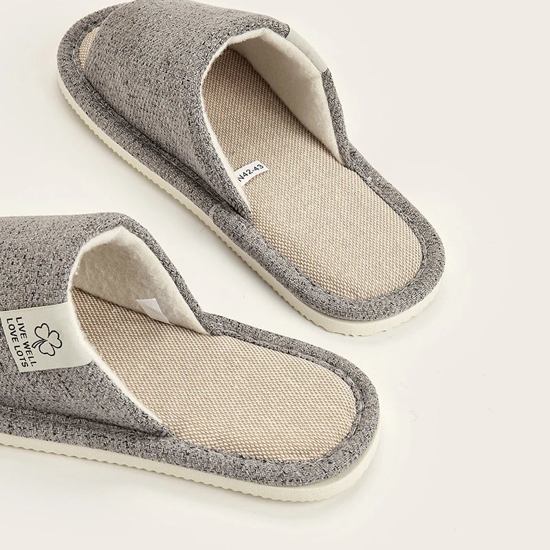 Breathable Linen Home Slippers – Open-Toe Indoor Shoes for Men & Women (Spring/Summer Comfort)
