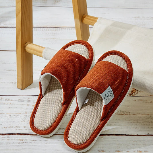 Breathable Linen Home Slippers – Open-Toe Indoor Shoes for Men & Women (Spring/Summer Comfort)