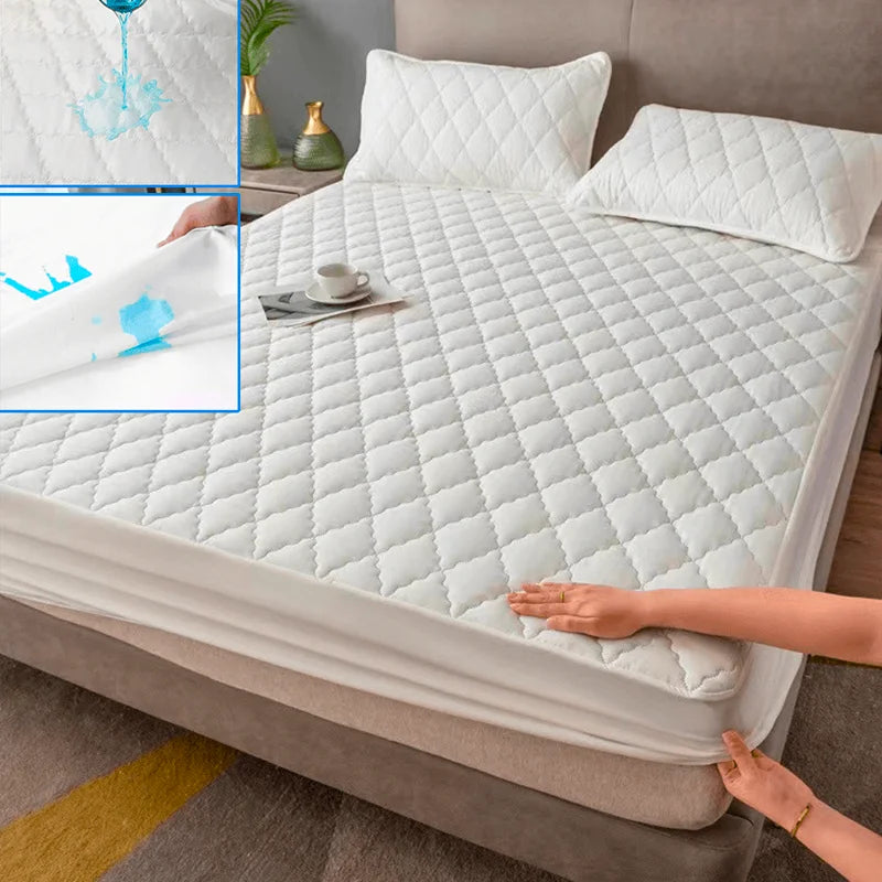 Waterproof Throw Mattress Cover & Fitted Sheet – Mattress Protector in Gray & White, Multi-Size (Single, Double, 140cm, 160cm)