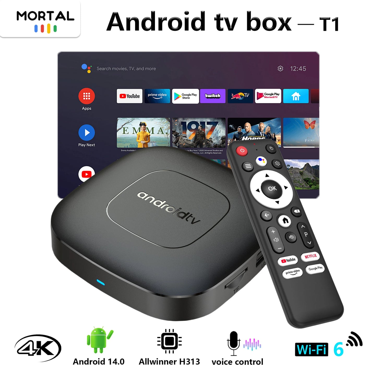 Mortal T1 WiFi6 Smart TV Box – Android 14, Allwinner H313, 2GB RAM 8/16GB Storage, Bluetooth, 4K Support, Free & Live TV