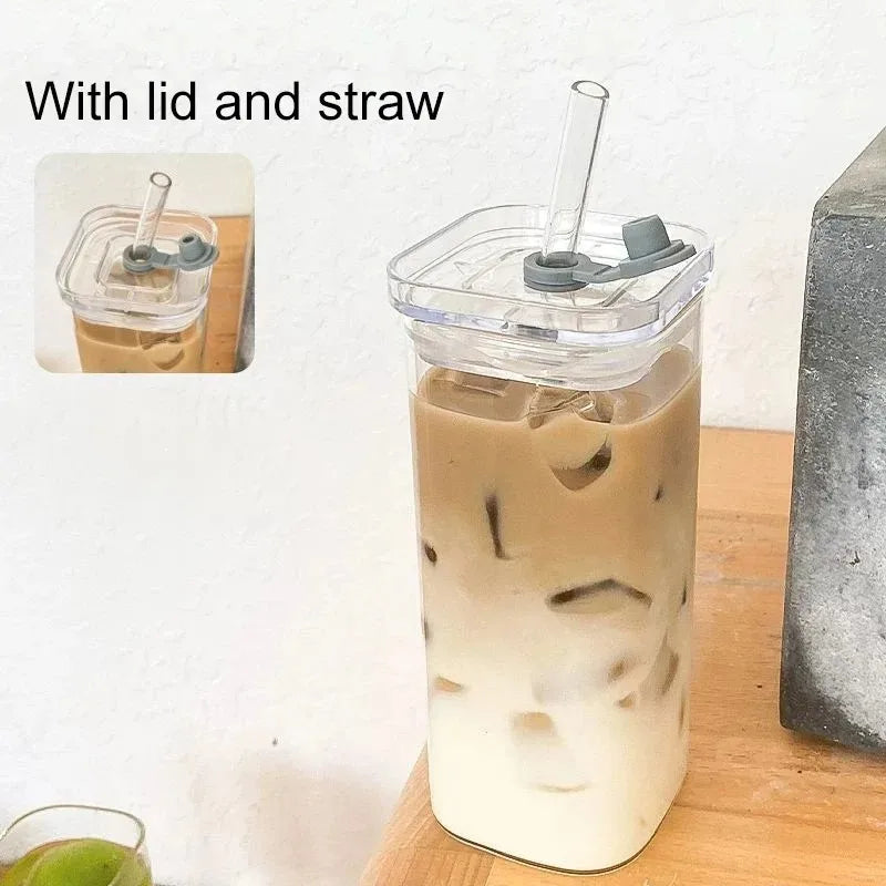 1PC Square Heat-Resistant Coffee Glass Cup with Lid & Straw – Transparent Mug for Milk Tea, Juice & Home Bar Drinkware