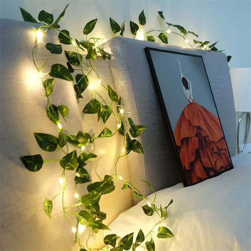 Flower Green Leaf String Lights – Artificial Vine Fairy Lights, Battery Powered Christmas Tree Garland for Wedding & Home Decor