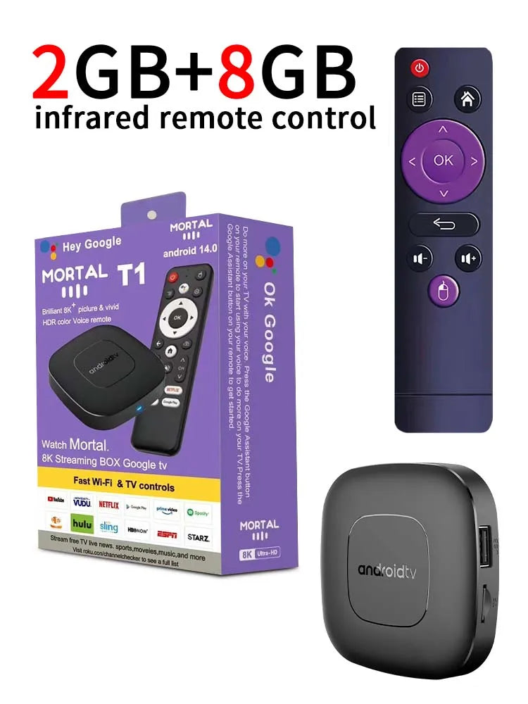 Mortal T1 WiFi6 Smart TV Box – Android 14, Allwinner H313, 2GB RAM 8/16GB Storage, Bluetooth, 4K Support, Free & Live TV