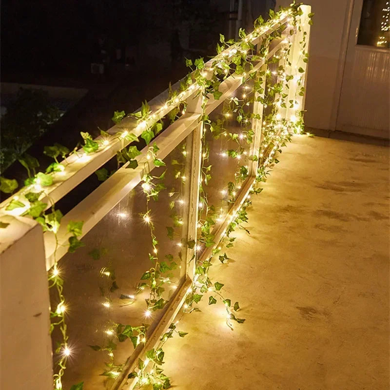 Flower Green Leaf String Lights – Artificial Vine Fairy Lights, Battery Powered Christmas Tree Garland for Wedding & Home Decor