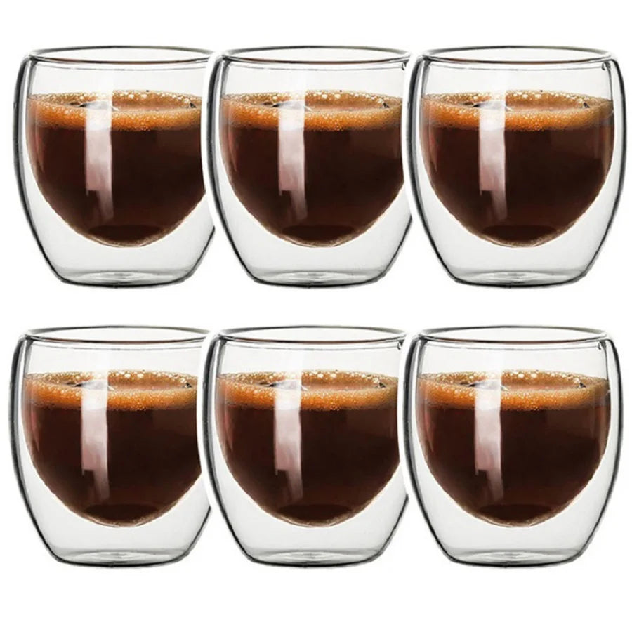 6pcs 2.7oz High Borosilicate Double-Layer Espresso Glass Cups – Transparent Insulated Coffee & Drink Cups