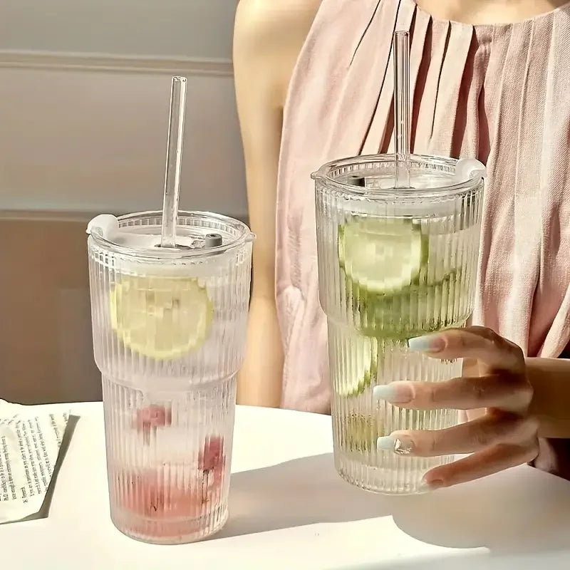 1/2pcs 600ml Stripe Glass Cup with Lid and Straw Transparent Drinking Glasses for Juice Water and Iced Coffee Cups Drinkware