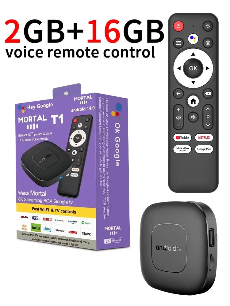 Mortal T1 WiFi6 Smart TV Box – Android 14, Allwinner H313, 2GB RAM 8/16GB Storage, Bluetooth, 4K Support, Free & Live TV