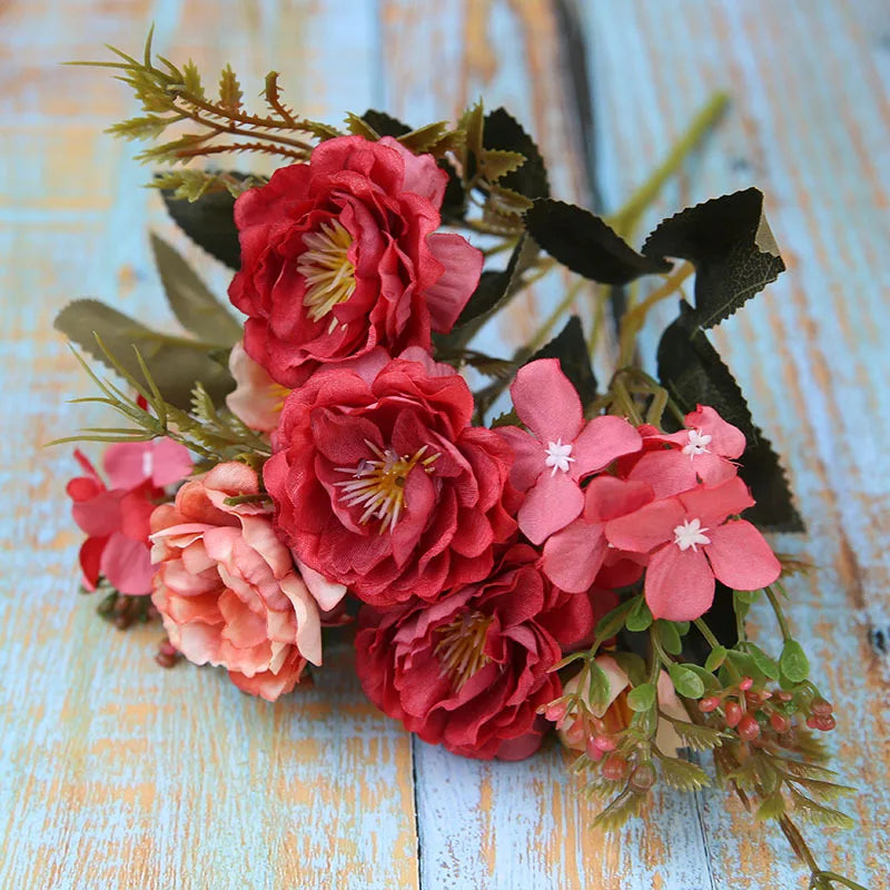 5 Forks 8 Heads Artificial Flowers Small Peony Bouquet Wedding Decorative Plants Wreaths Vases for Home Decoration Accessories