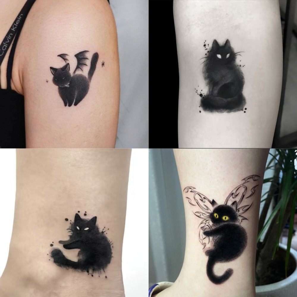 Dark Ink Painting Cat Animal Cute Tattoo Sticker Waterproof