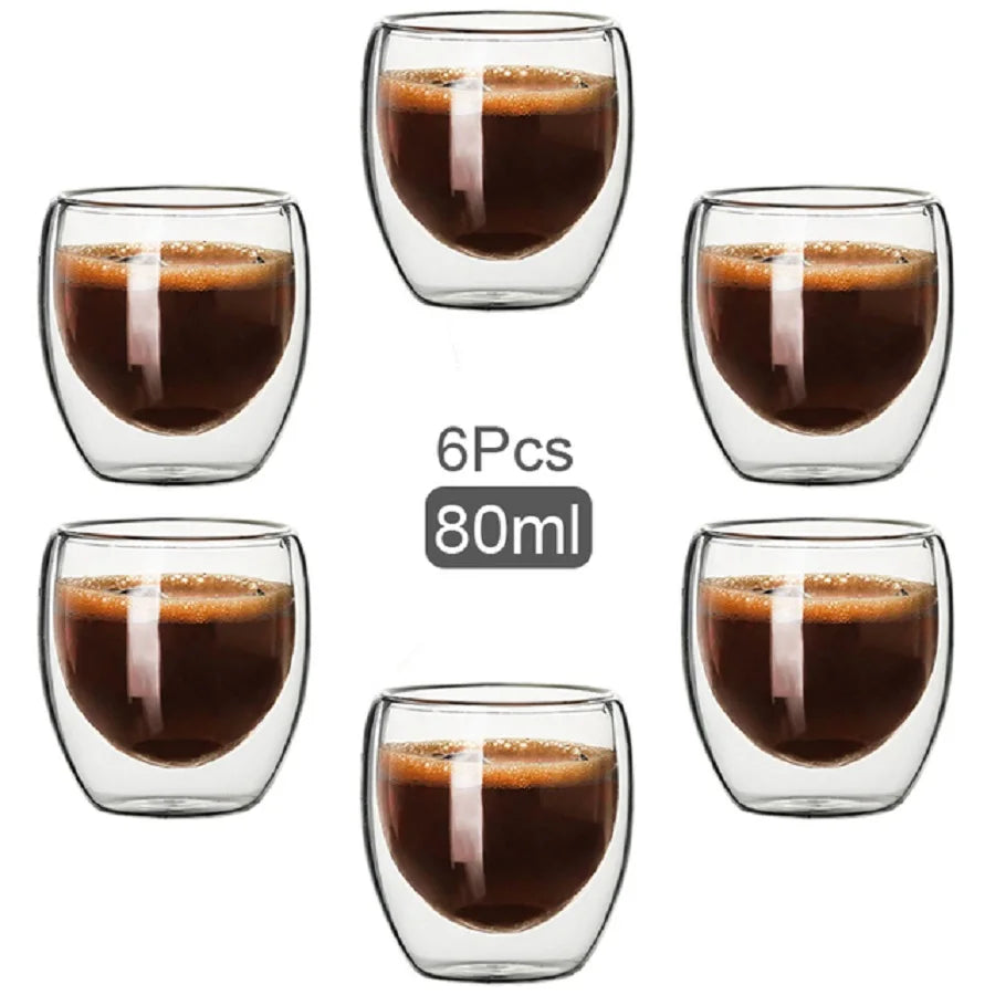 6pcs 2.7oz High Borosilicate Double-Layer Espresso Glass Cups – Transparent Insulated Coffee & Drink Cups