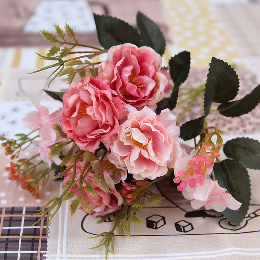 5 Forks 8 Heads Artificial Flowers Small Peony Bouquet Wedding Decorative Plants Wreaths Vases for Home Decoration Accessories